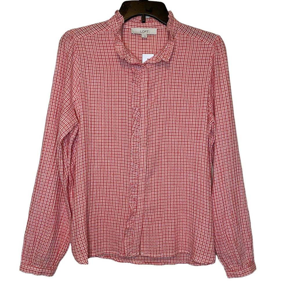 NEW LOFT woman's size small S checks ruffle picnic spring button pink top shirt